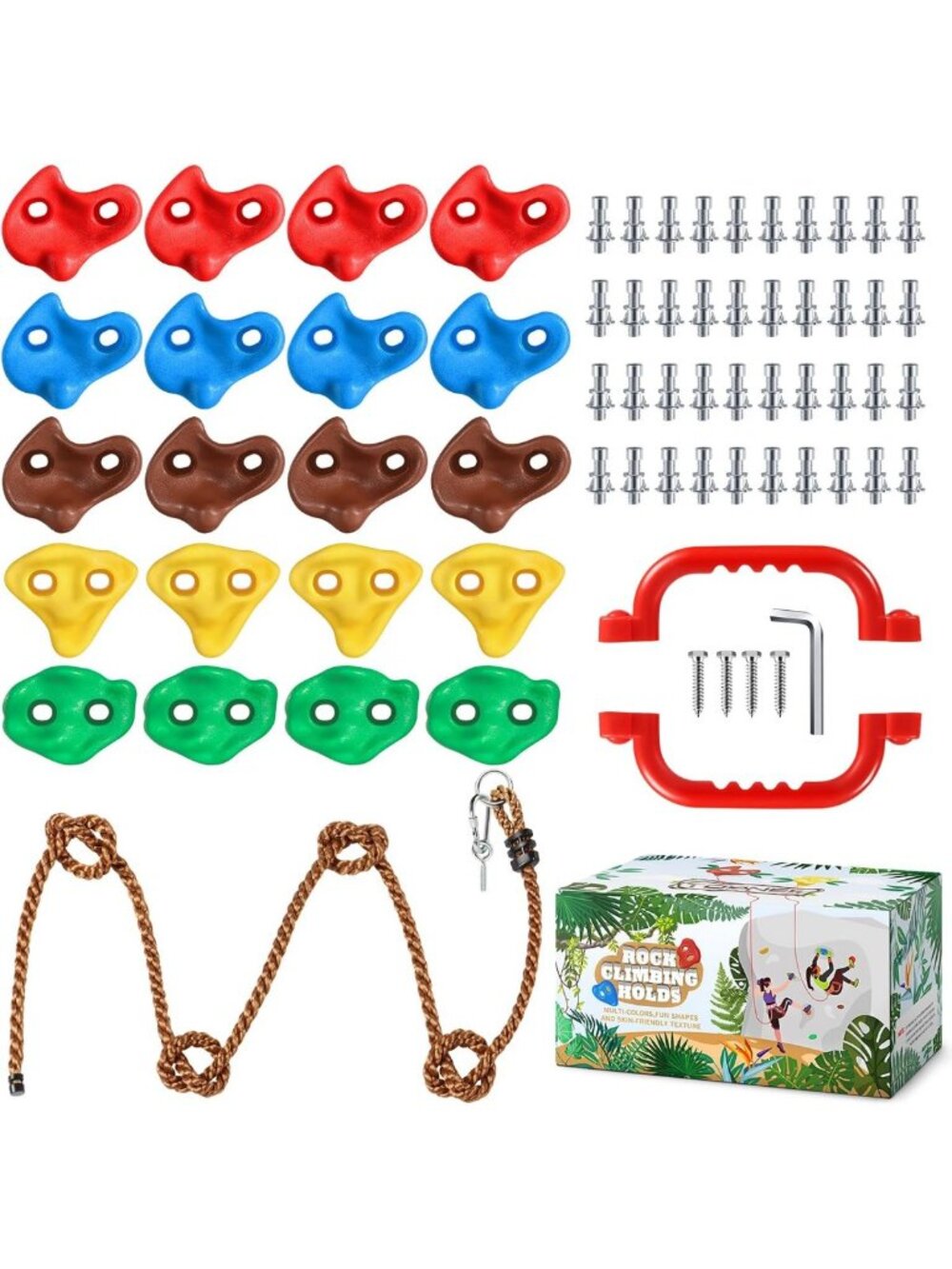 20 Pcs Rock Climbing Holds Set with 6.56 Ft Rope & 2 Safety Handles for Kids